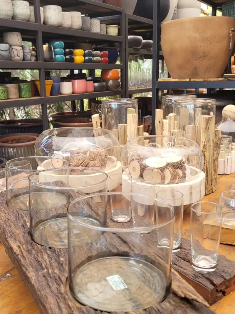 Terrários e cúpulas de vidro expostos em prateleira de madeira, com vasos de cerâmica coloridos acima
