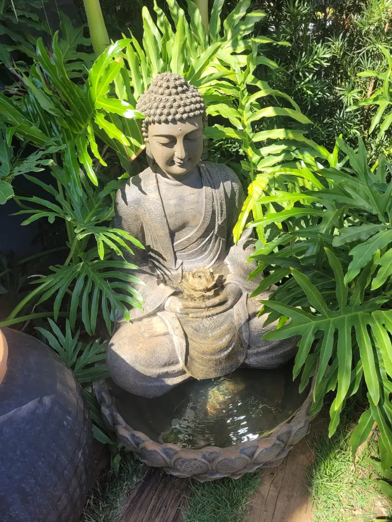 Fonte de água com escultura de Buda em pedra, cercada por folhagens de filodendro